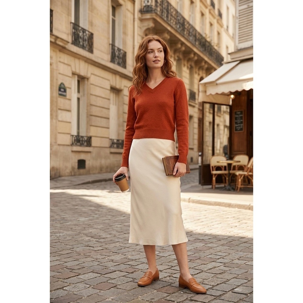 Wilfred Free Aritzia 100% Merino Wool V-Neck Sweater Burnt Orange Rust Small